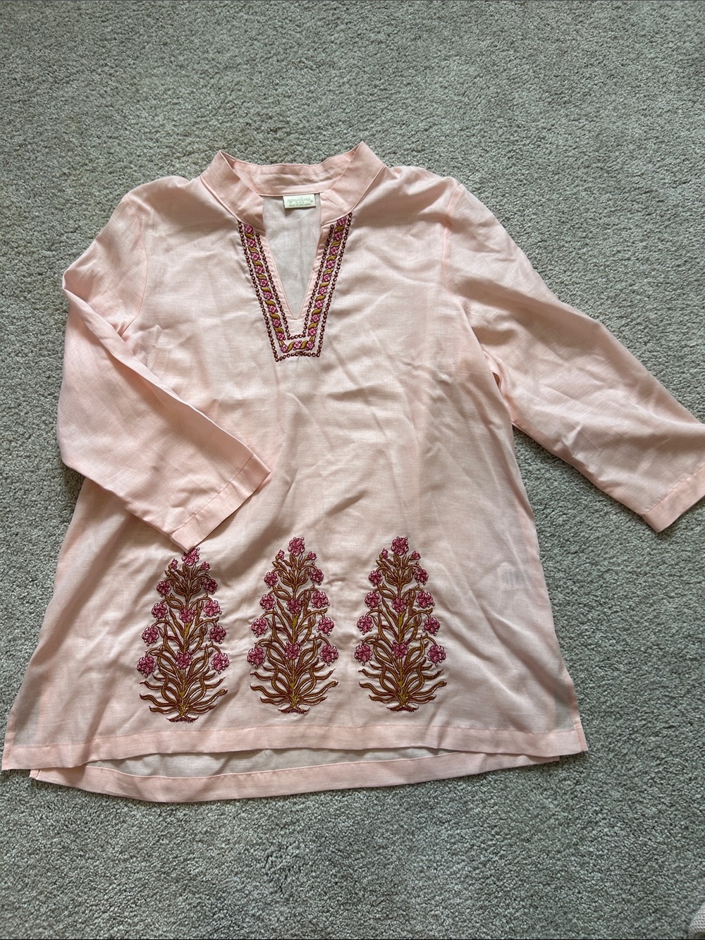 Spartina 449 Pink Embroidered Cotton and Linen V-Neck Tunic SZ Medium EUC